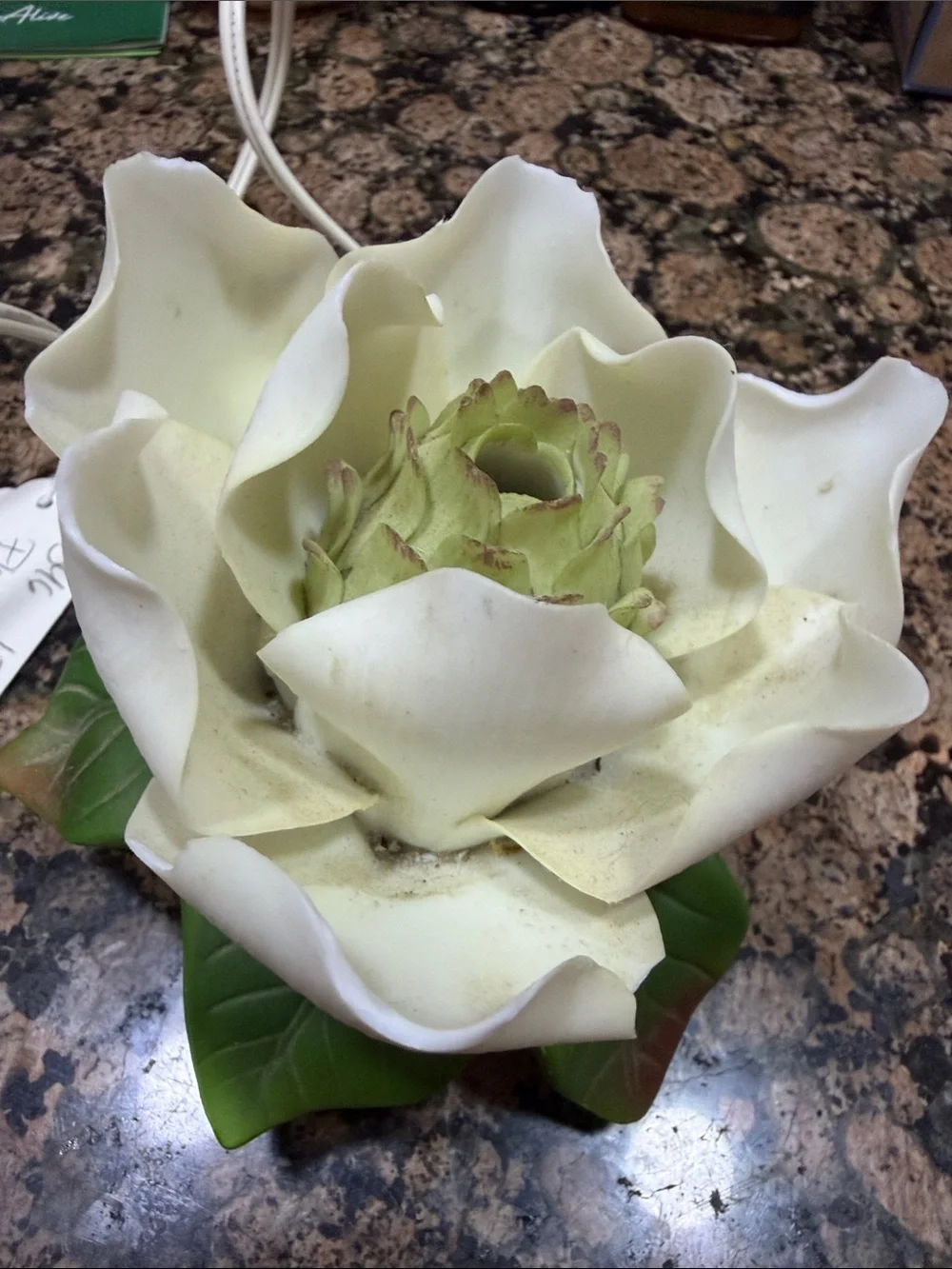 White Ceramic Lotus Flower Night Light with Green Leaves